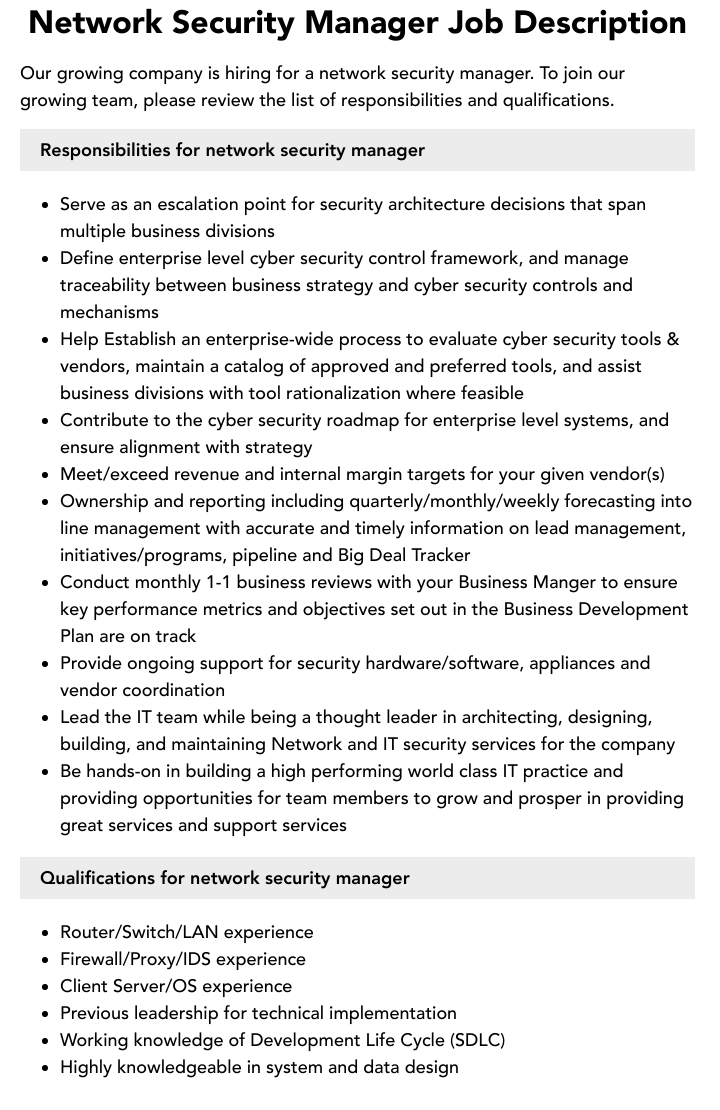 Network Security Manager Job Description Velvet Jobs